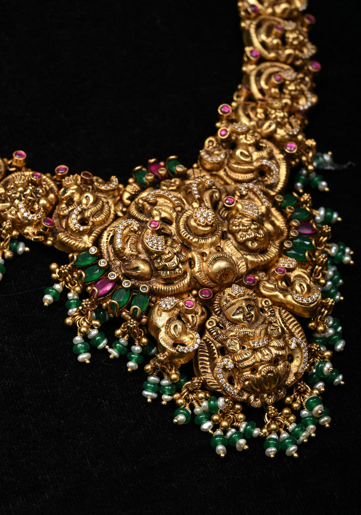 92.5 Silver 24 kt Gold-Plated Lakshmi Antique Gold Nagas Haram