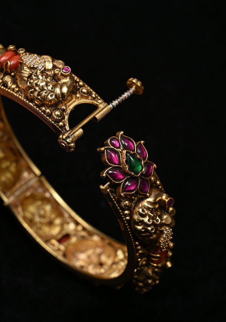 2.4"-2.6” 92.5 Silver, 22kt Gold Plated Traditional Peacock Design Openable Kada with Gemstones - Single Piece
