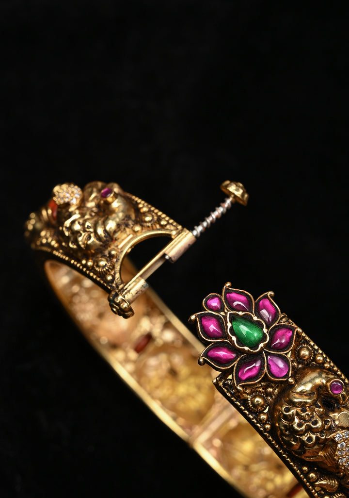 2.4"-2.6” 92.5 Silver, 22kt Gold Plated Traditional Peacock Design Openable Kada with Gemstones - Single Piece