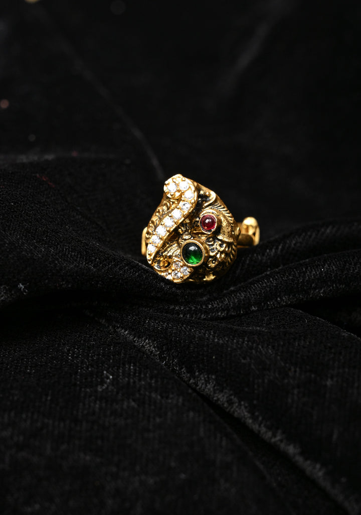 92.5 Silver, Gold-Plated Temple Style Gold Adjustable Ring with stone  Accents
