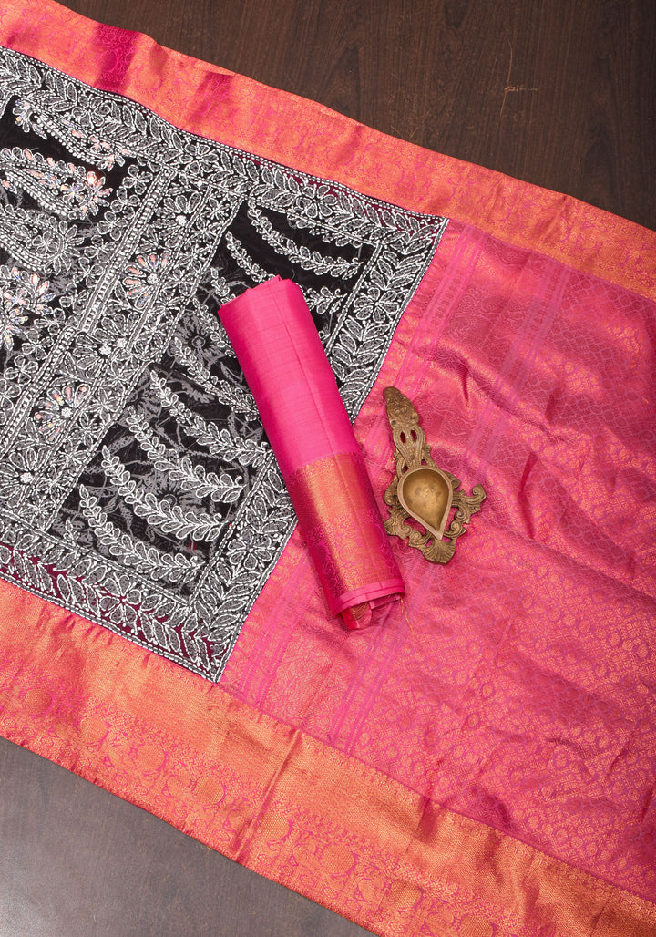 Fusion Saree with Black Chikankari Hand embroidered saree with Pink Kanjivaram Appliqued Borders and Pallu