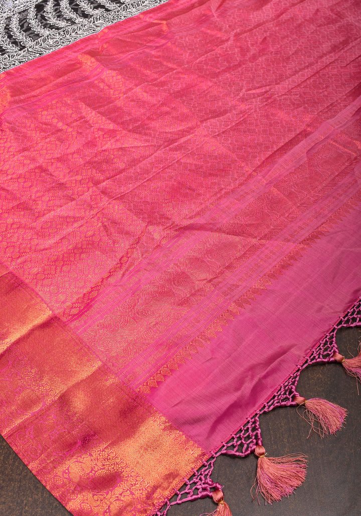 Fusion Saree with Black Chikankari Hand embroidered saree with Pink Kanjivaram Appliqued Borders and Pallu