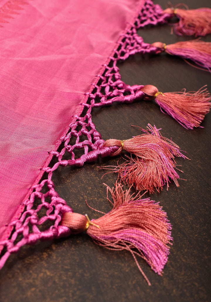 Fusion Saree with Black Chikankari Hand embroidered saree with Pink Kanjivaram Appliqued Borders and Pallu