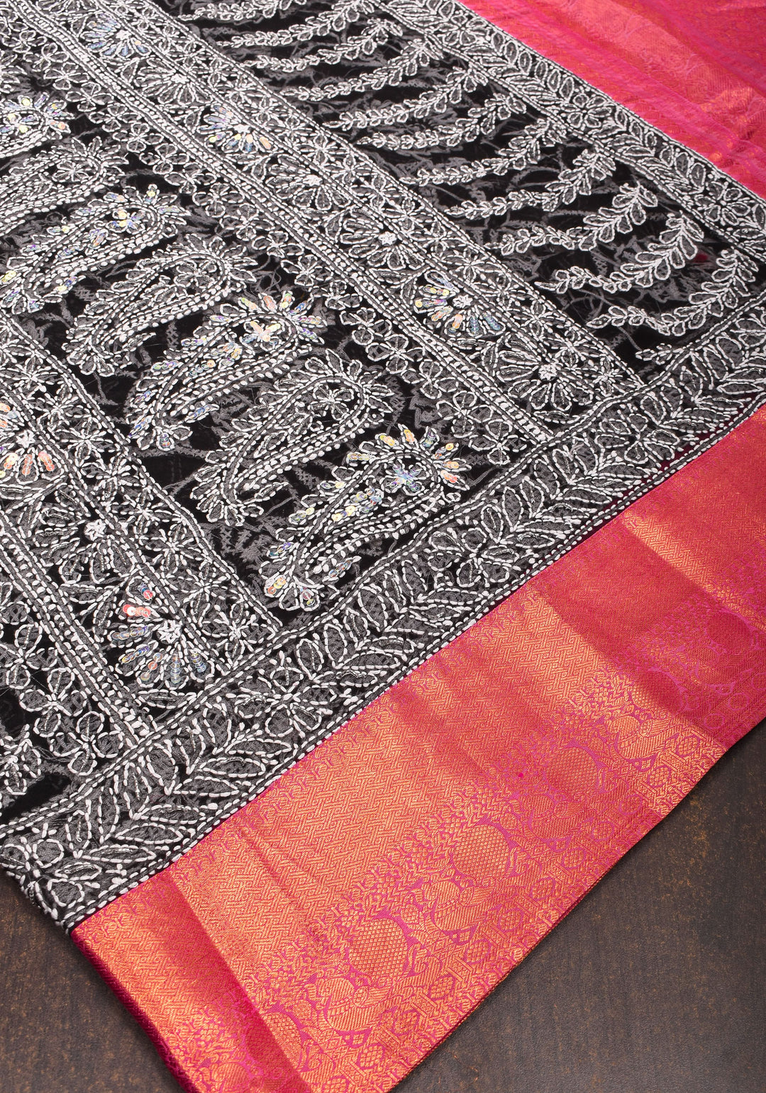 Fusion Saree with Black Chikankari Hand embroidered saree with Pink Kanjivaram Appliqued Borders and Pallu