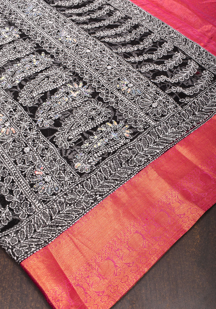 Fusion Saree with Black Chikankari Hand embroidered saree with Pink Kanjivaram Appliqued Borders and Pallu