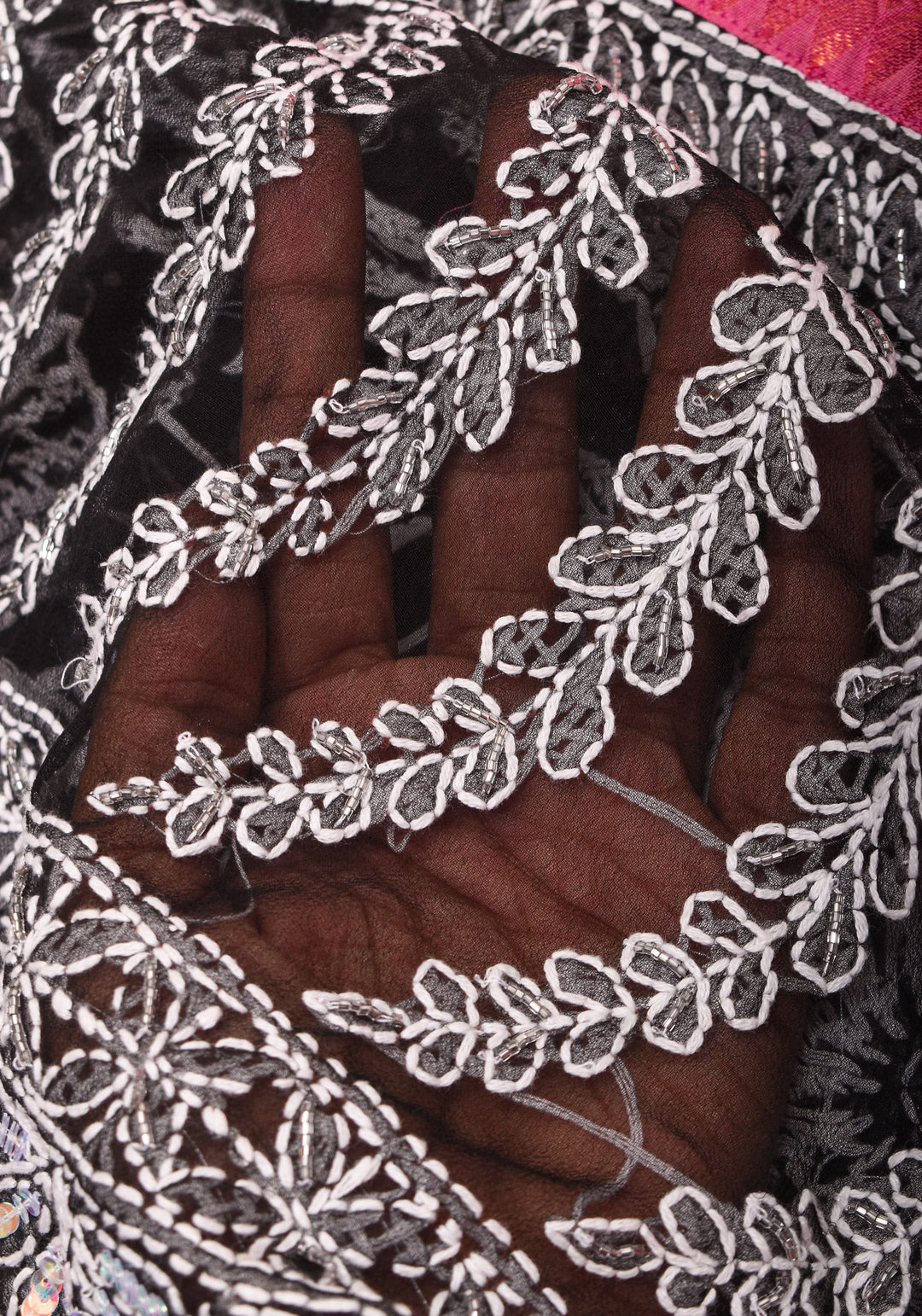 Fusion Saree with Black Chikankari Hand embroidered saree with Pink Kanjivaram Appliqued Borders and Pallu