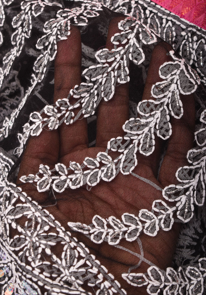 Fusion Saree with Black Chikankari Hand embroidered saree with Pink Kanjivaram Appliqued Borders and Pallu