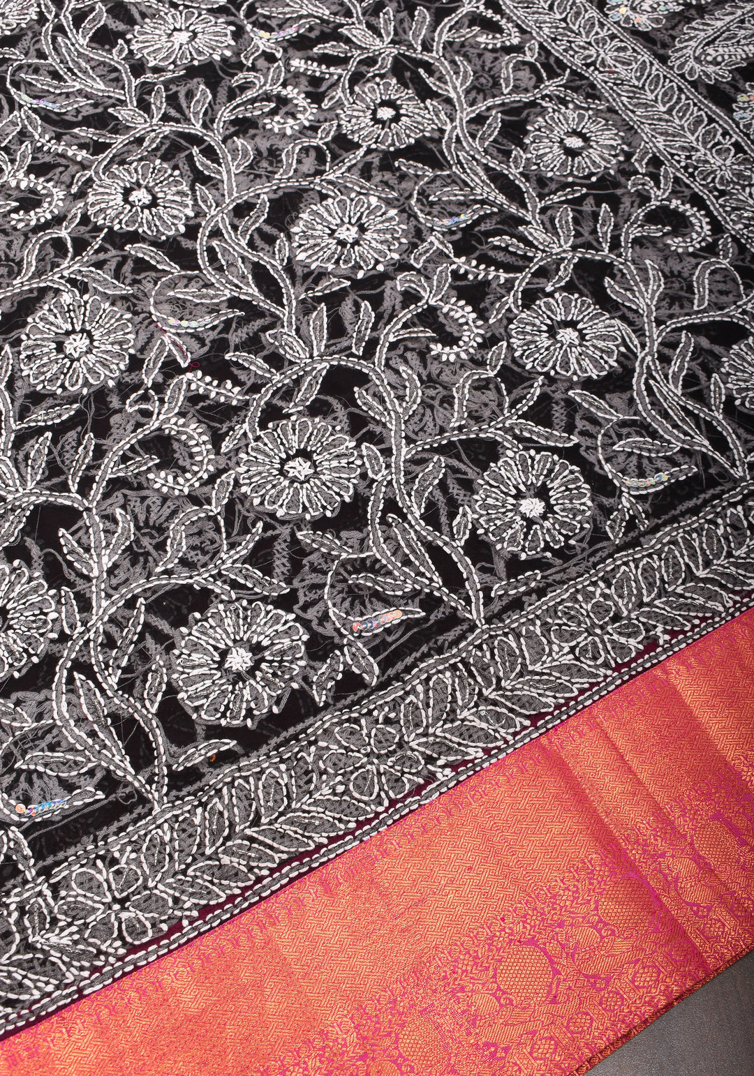 Fusion Saree with Black Chikankari Hand embroidered saree with Pink Kanjivaram Appliqued Borders and Pallu