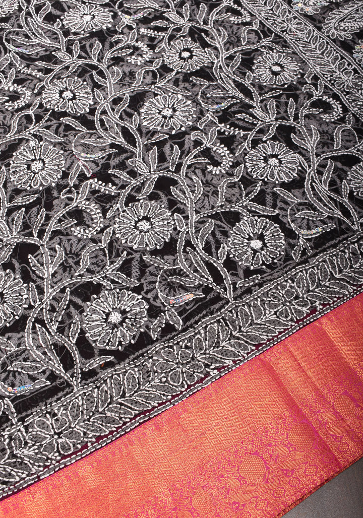 Fusion Saree with Black Chikankari Hand embroidered saree with Pink Kanjivaram Appliqued Borders and Pallu