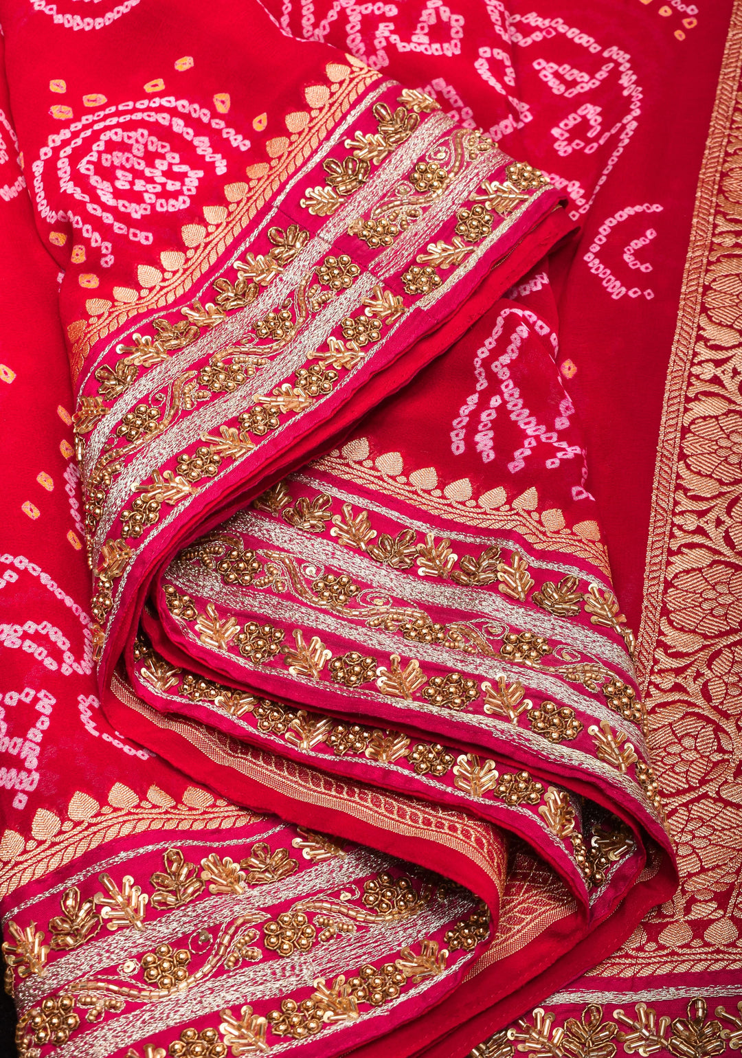 Authentic Sarkam Bandhej Silk Georgette Saree in Red with Handwork trim | SILK MARK CERTIFIED