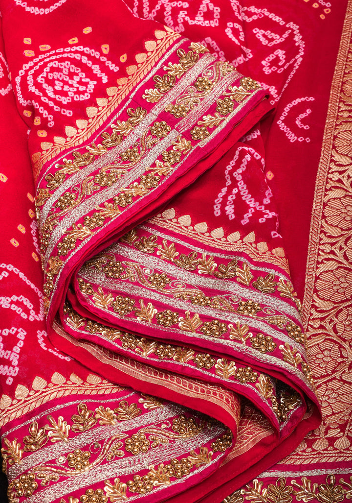 Authentic Sarkam Bandhej Silk Georgette Saree in Red with Handwork trim | SILK MARK CERTIFIED