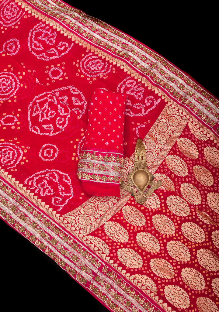 Authentic Sarkam Bandhej Silk Georgette Saree in Red with Handwork trim | SILK MARK CERTIFIED