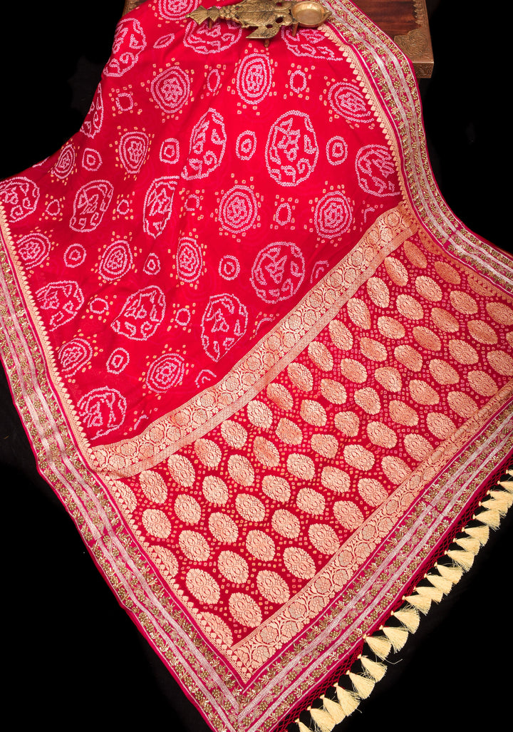 Authentic Sarkam Bandhej Silk Georgette Saree in Red with Handwork trim | SILK MARK CERTIFIED
