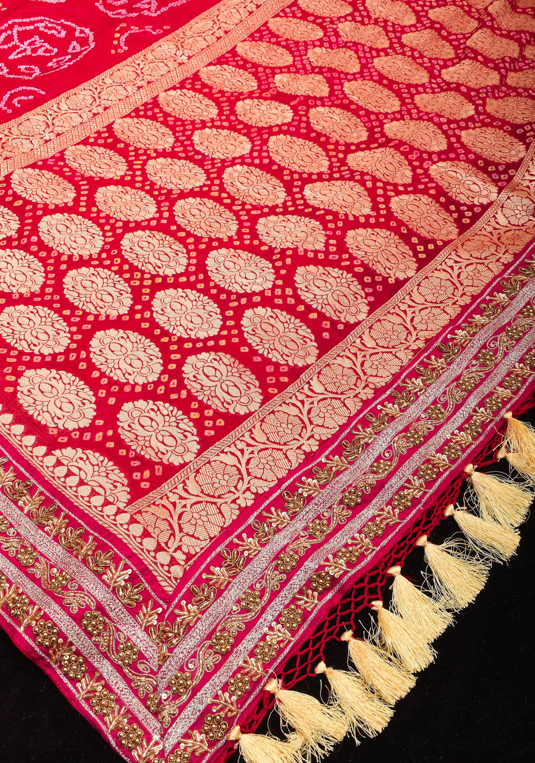 Authentic Sarkam Bandhej Silk Georgette Saree in Red with Handwork trim | SILK MARK CERTIFIED