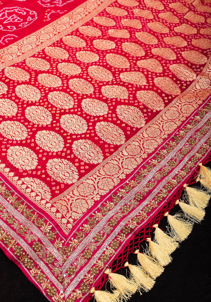 Authentic Sarkam Bandhej Silk Georgette Saree in Red with Handwork trim | SILK MARK CERTIFIED