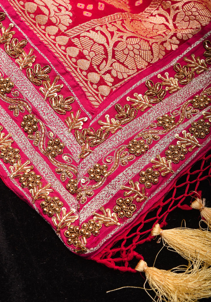 Authentic Sarkam Bandhej Silk Georgette Saree in Red with Handwork trim | SILK MARK CERTIFIED