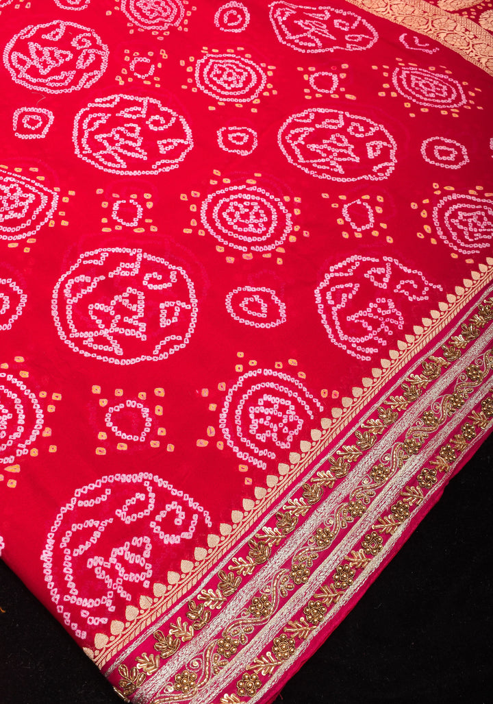 Authentic Sarkam Bandhej Silk Georgette Saree in Red with Handwork trim | SILK MARK CERTIFIED
