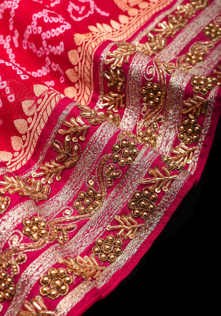 Authentic Sarkam Bandhej Silk Georgette Saree in Red with Handwork trim | SILK MARK CERTIFIED