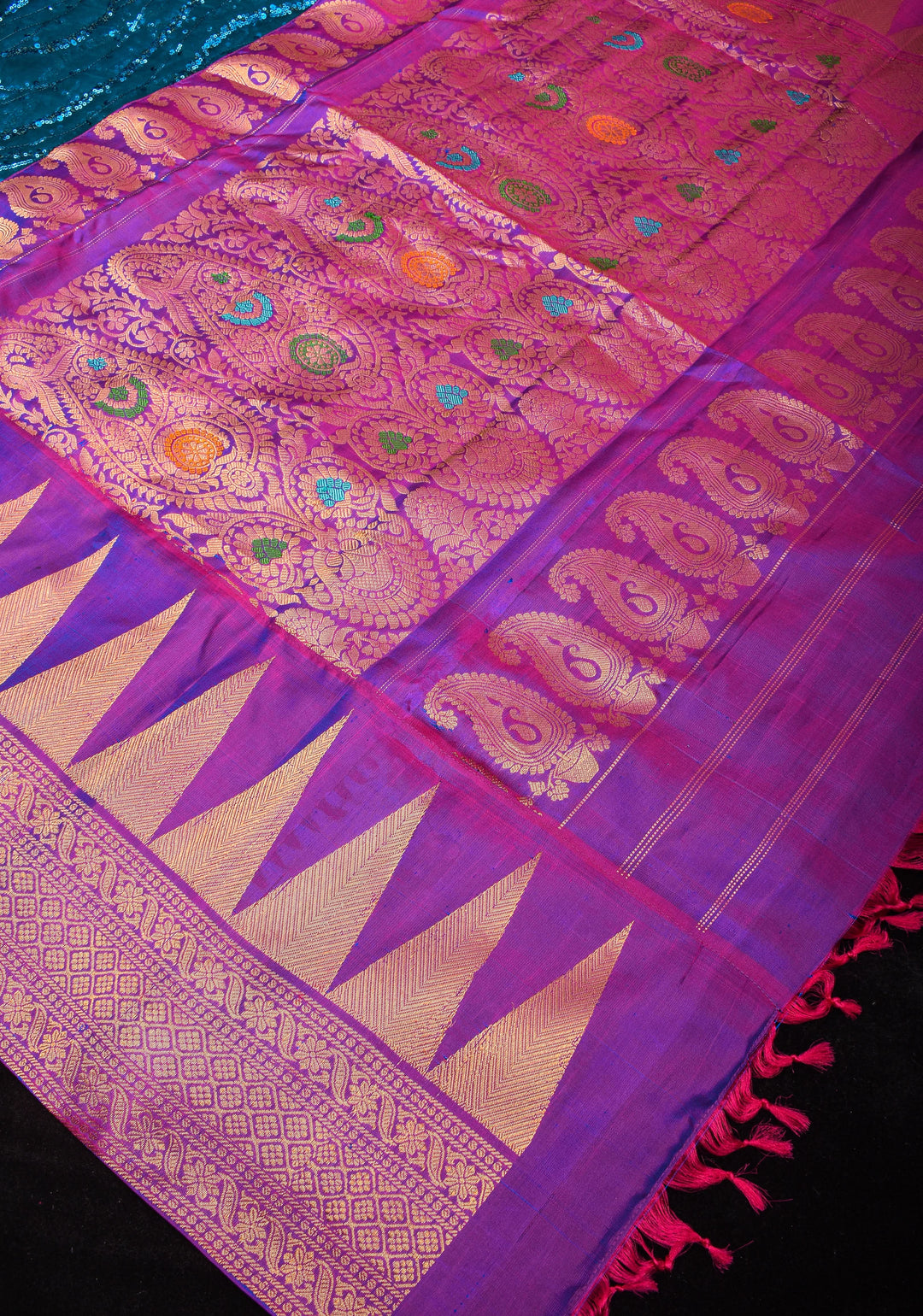Peacock Blue Swirls Design Net Fusion Saree with Two Side temple Gadwal Border