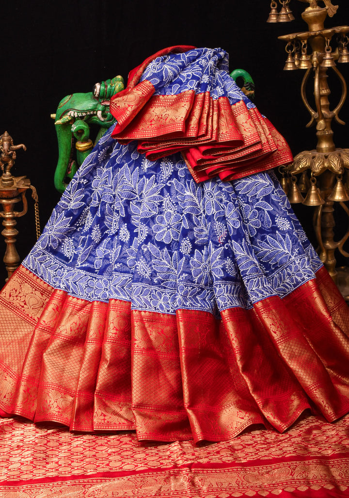 Blue Fusion Saree with Hand Chikankari on georgette, Pure Silk Kanjivaram  Borders and Pallu