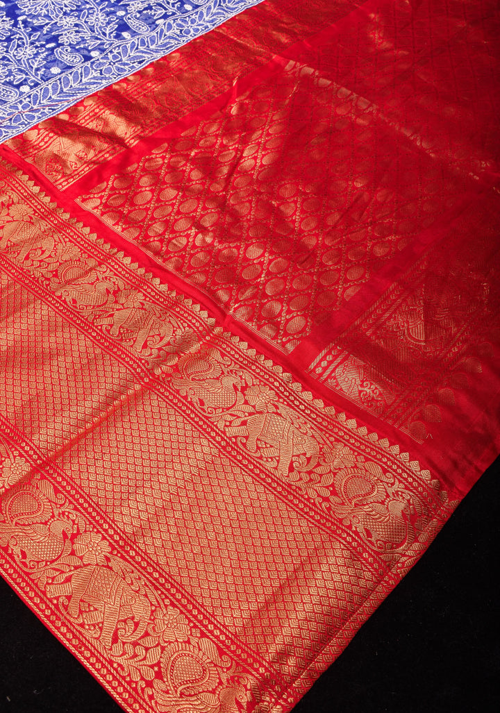 Blue Fusion Saree with Hand Chikankari on georgette, Pure Silk Kanjivaram  Borders and Pallu