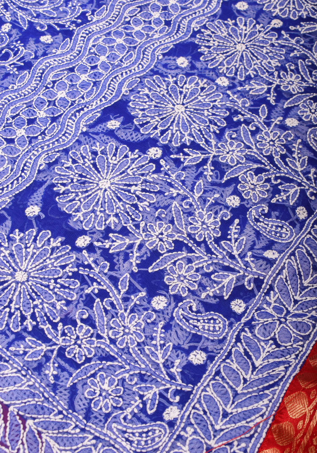 Blue Fusion Saree with Hand Chikankari on georgette, Pure Silk Kanjivaram  Borders and Pallu