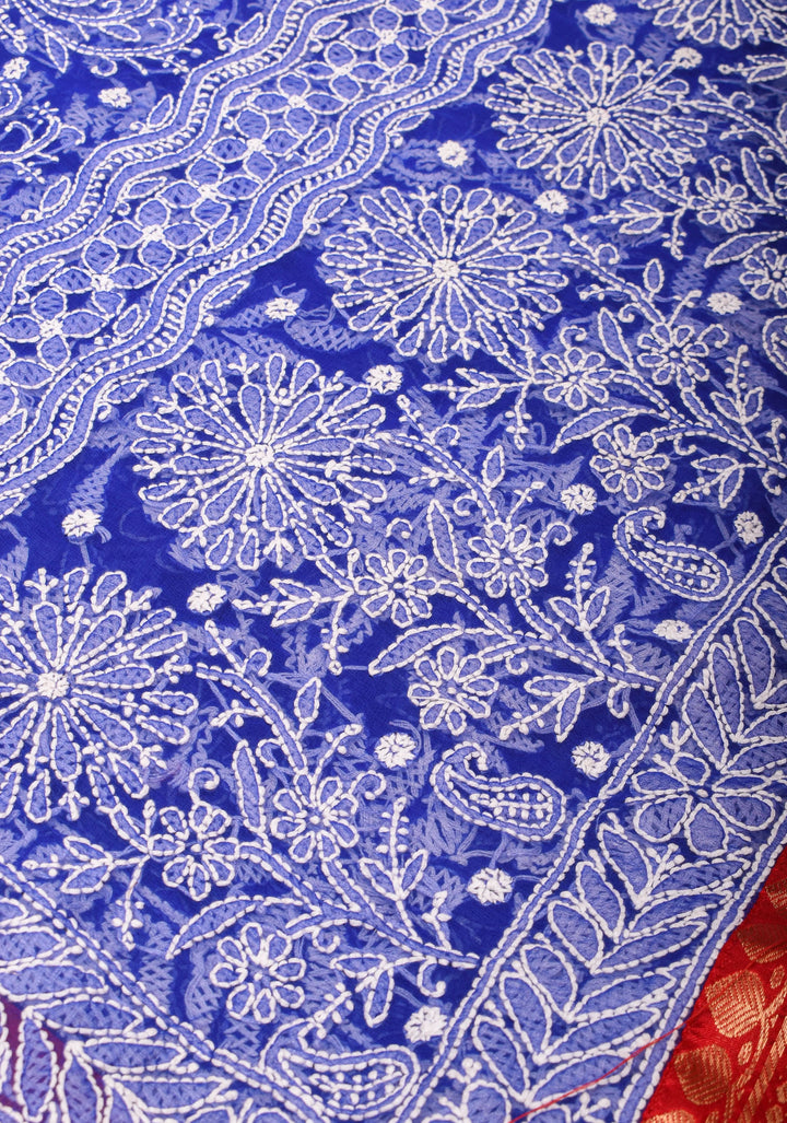 Blue Fusion Saree with Hand Chikankari on georgette, Pure Silk Kanjivaram  Borders and Pallu