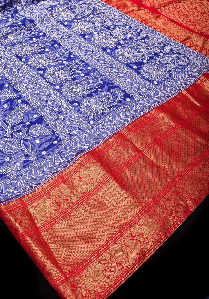 Blue Fusion Saree with Hand Chikankari on georgette, Pure Silk Kanjivaram  Borders and Pallu
