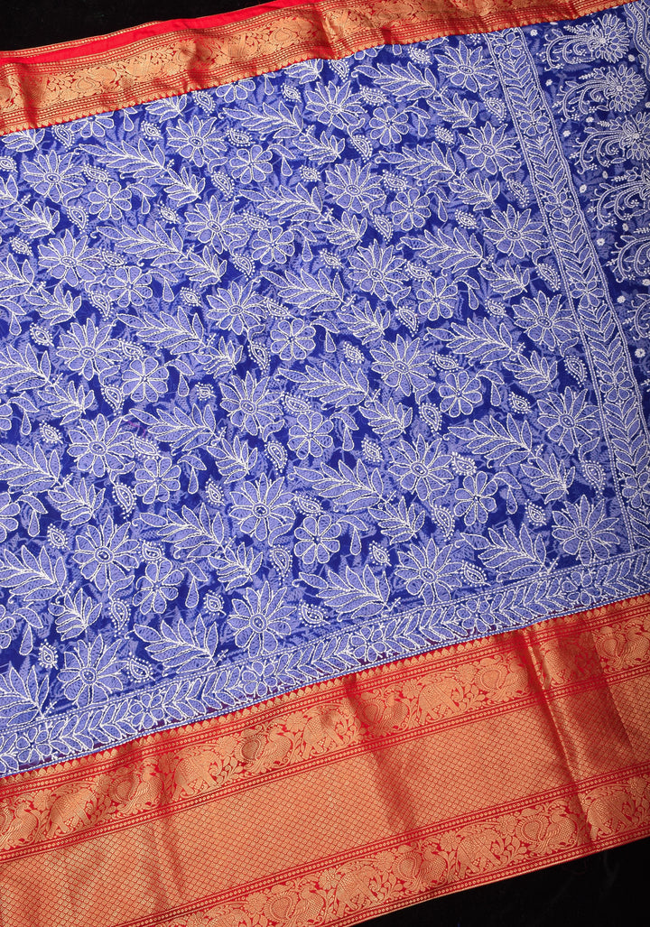 Blue Fusion Saree with Hand Chikankari on georgette, Pure Silk Kanjivaram  Borders and Pallu