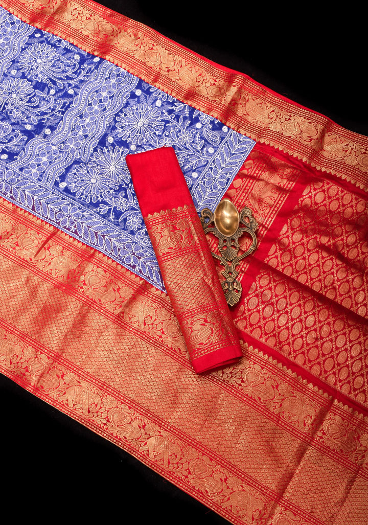 Blue Fusion Saree with Hand Chikankari on georgette, Pure Silk Kanjivaram  Borders and Pallu
