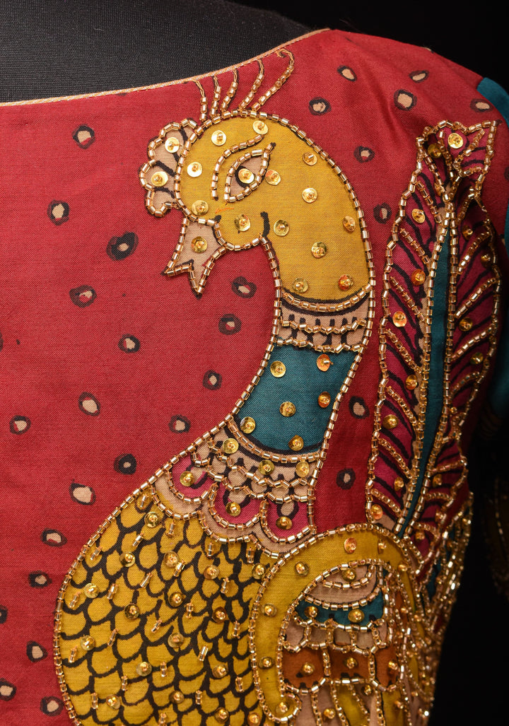 Pen Kalamkari And Cutdana Handwork Blouse in Blue and Red, Made to Order