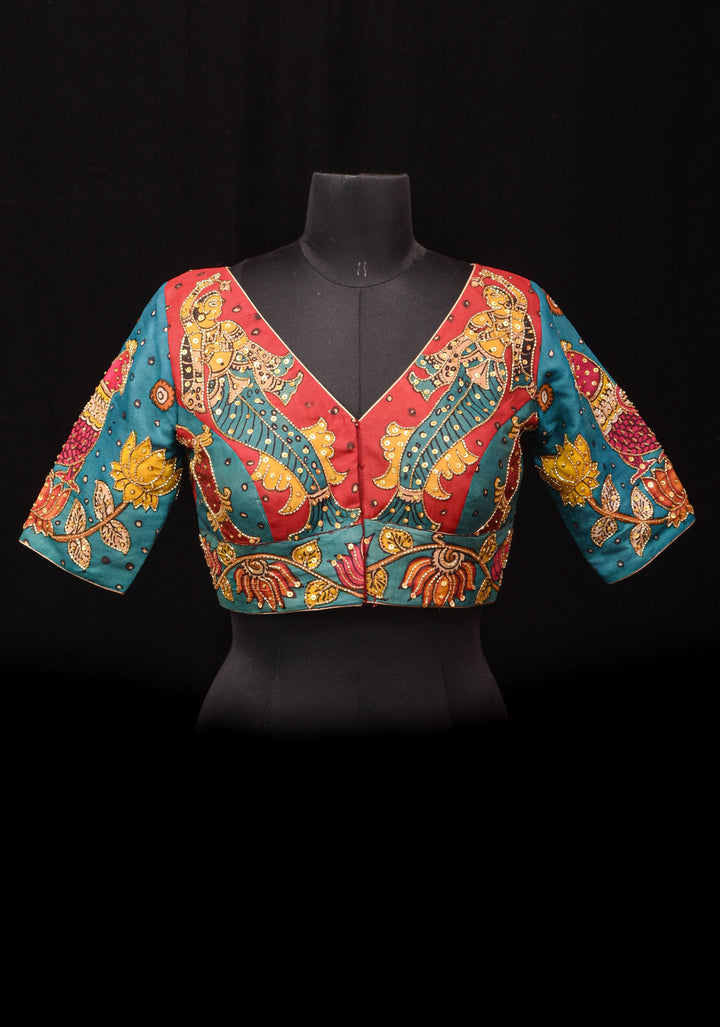 Pen Kalamkari And Cutdana Handwork Blouse in Blue and Red, Made to Order
