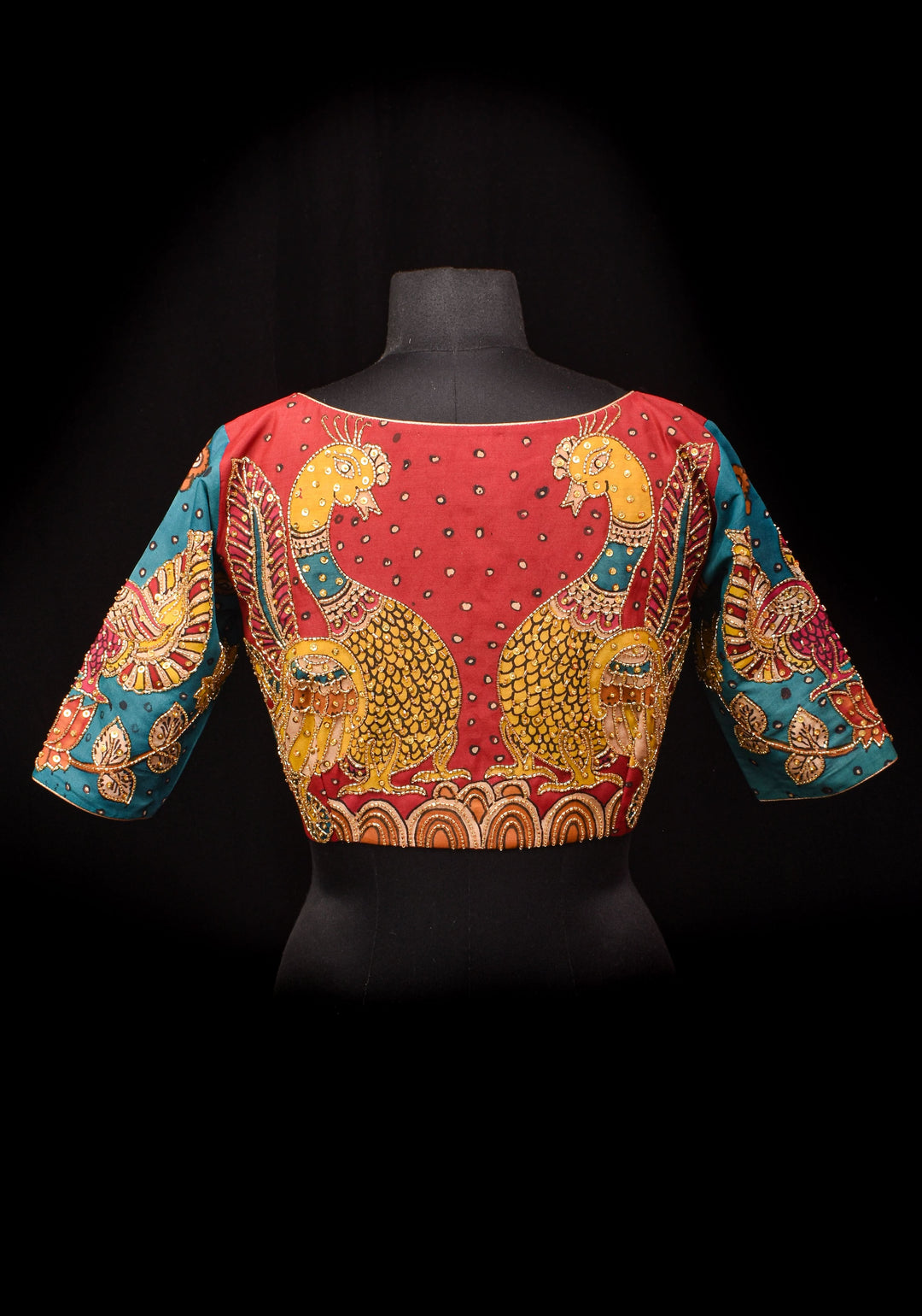 Pen Kalamkari And Cutdana Handwork Blouse in Blue and Red, Made to Order