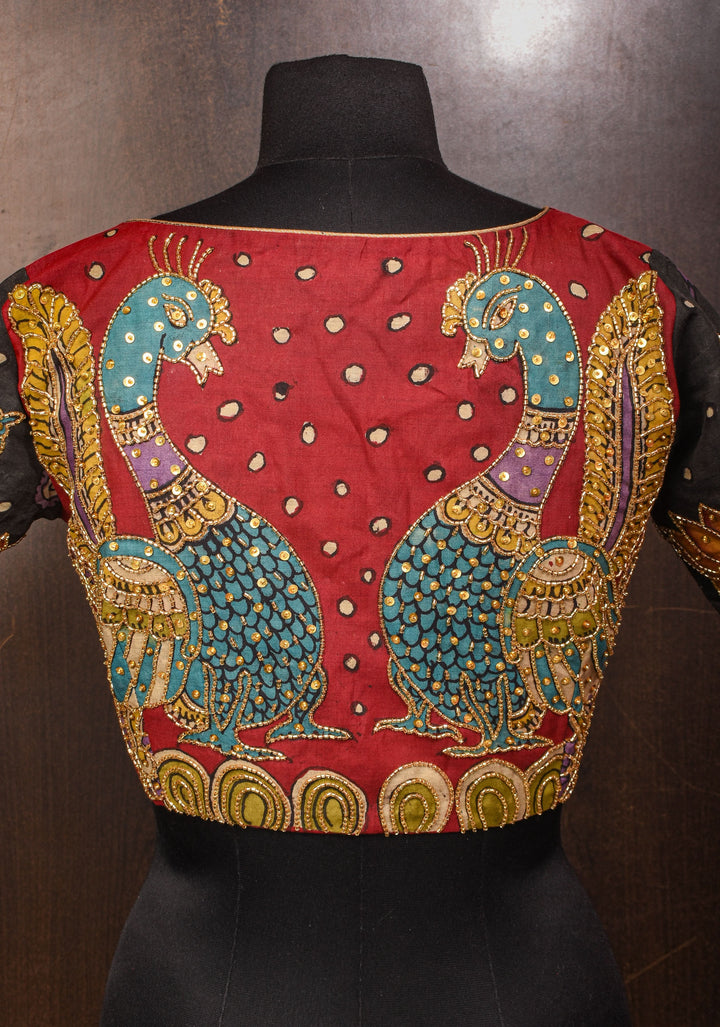 Maroon and Black Kalamkari Embroidery Blouse with Cutdana Work Detailings