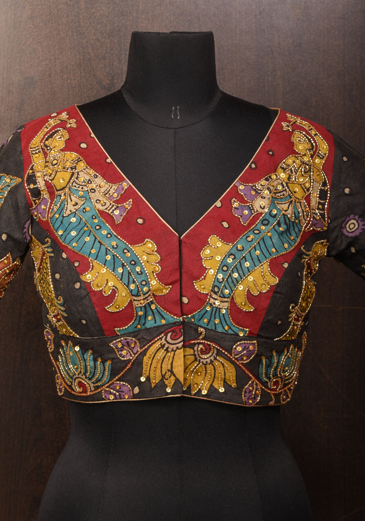 Maroon and Black Kalamkari Embroidery Blouse with Cutdana Work Detailings