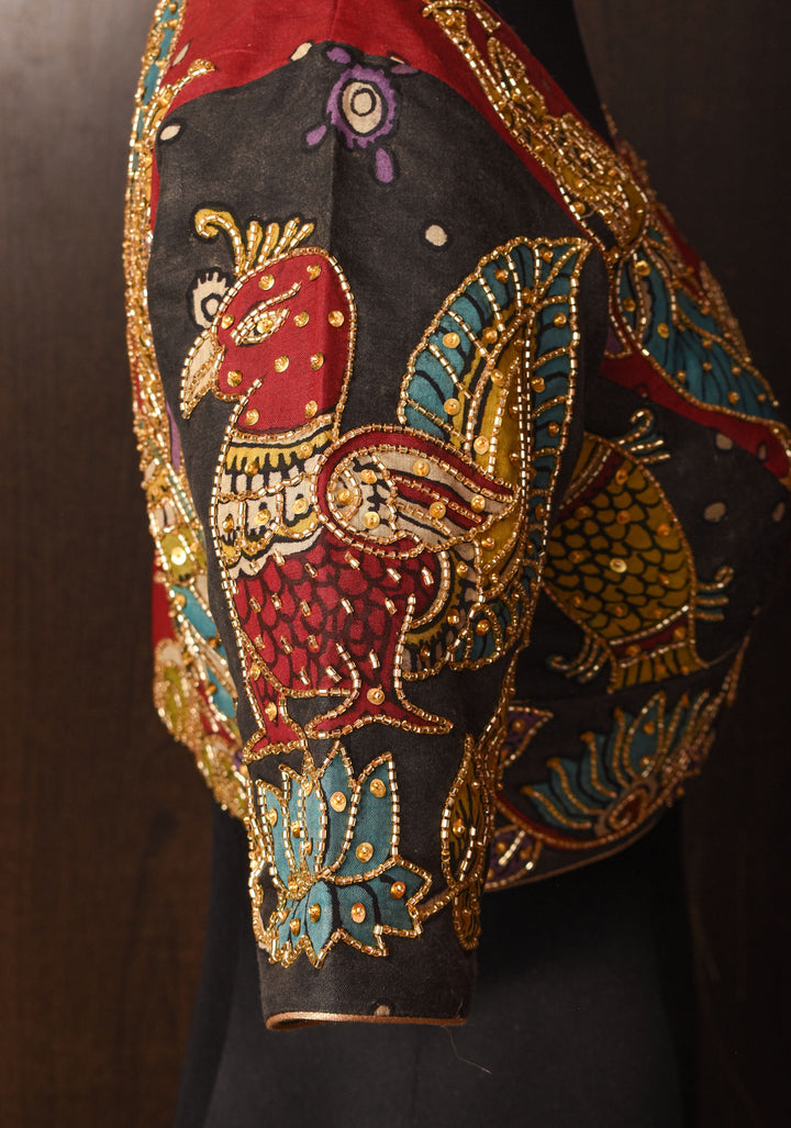 Maroon and Black Kalamkari Embroidery Blouse with Cutdana Work Detailings