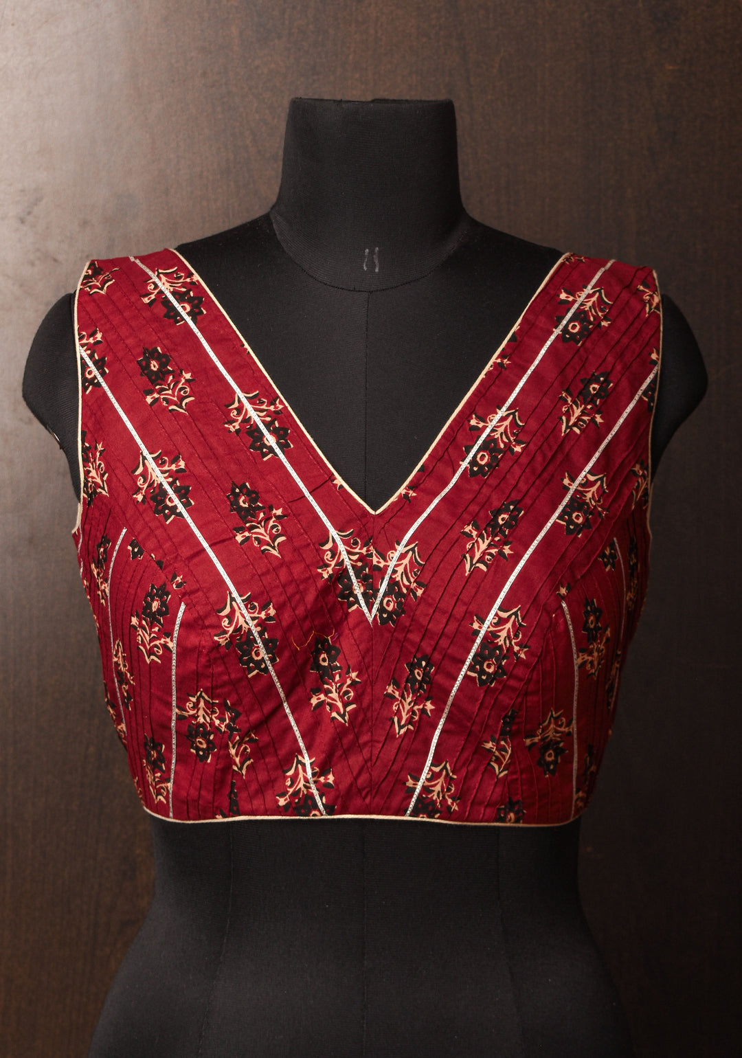 Made To Order: Red Pintuck with Lace work V neck Front Blouse