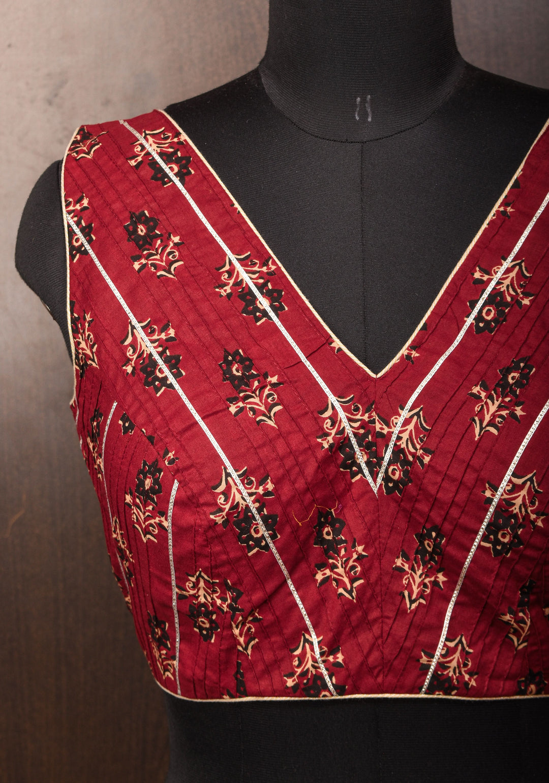 Made To Order: Red Pintuck with Lace work V neck Front Blouse