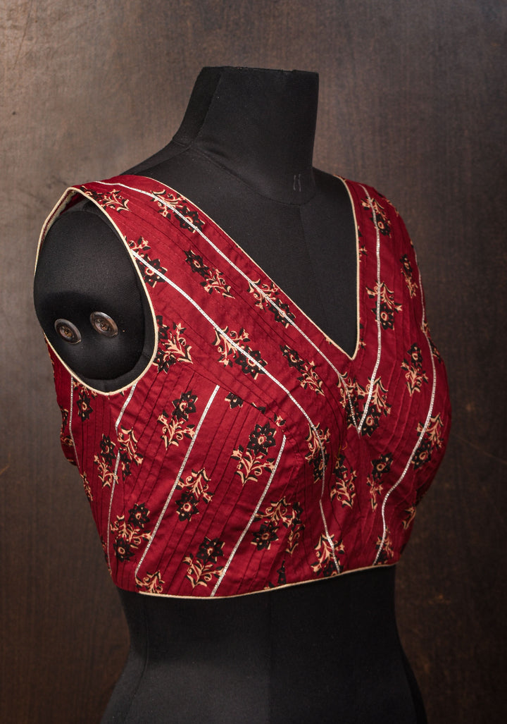 Made To Order: Red Pintuck with Lace work V neck Front Blouse