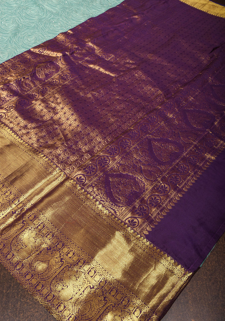 Green Cyan Jaal stunning fusion saree with dainty self sequins and wide Kanjivaram Purple Contrast Border