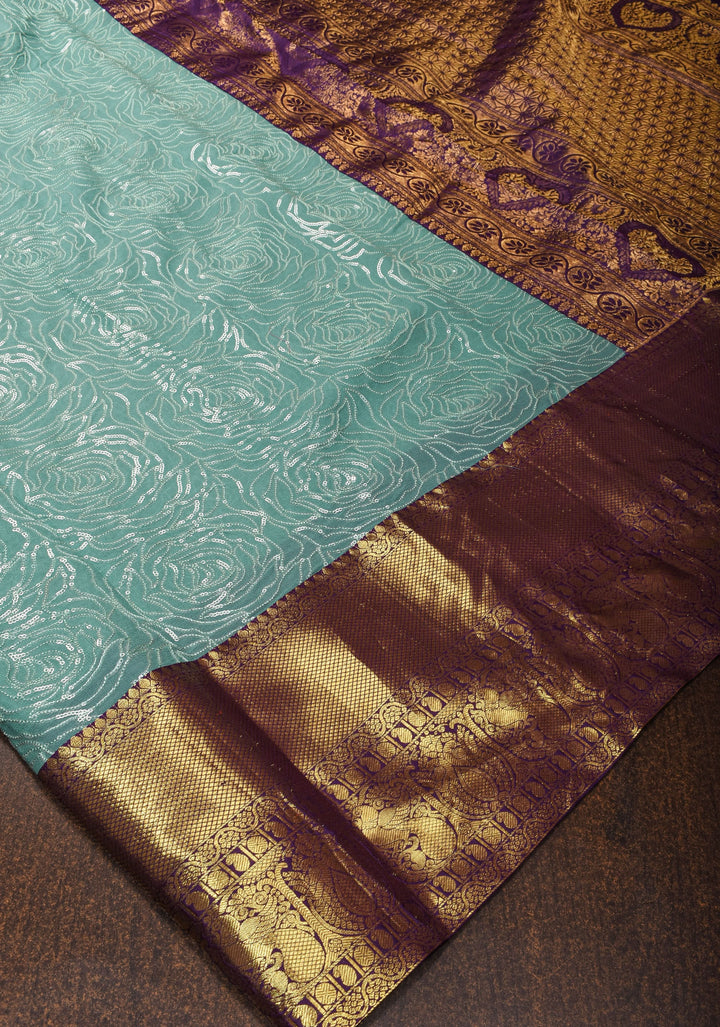 Green Cyan Jaal stunning fusion saree with dainty self sequins and wide Kanjivaram Purple Contrast Border