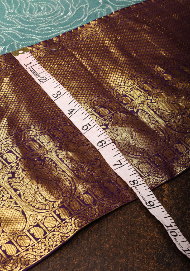Green Cyan Jaal stunning fusion saree with dainty self sequins and wide Kanjivaram Purple Contrast Border