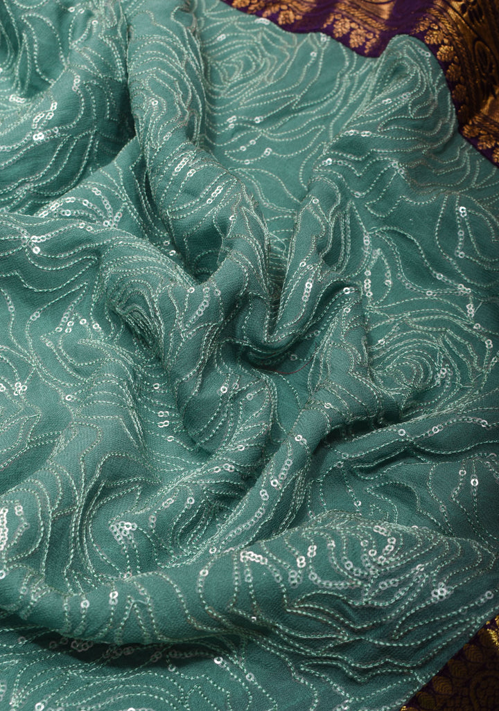 Green Cyan Jaal stunning fusion saree with dainty self sequins and wide Kanjivaram Purple Contrast Border