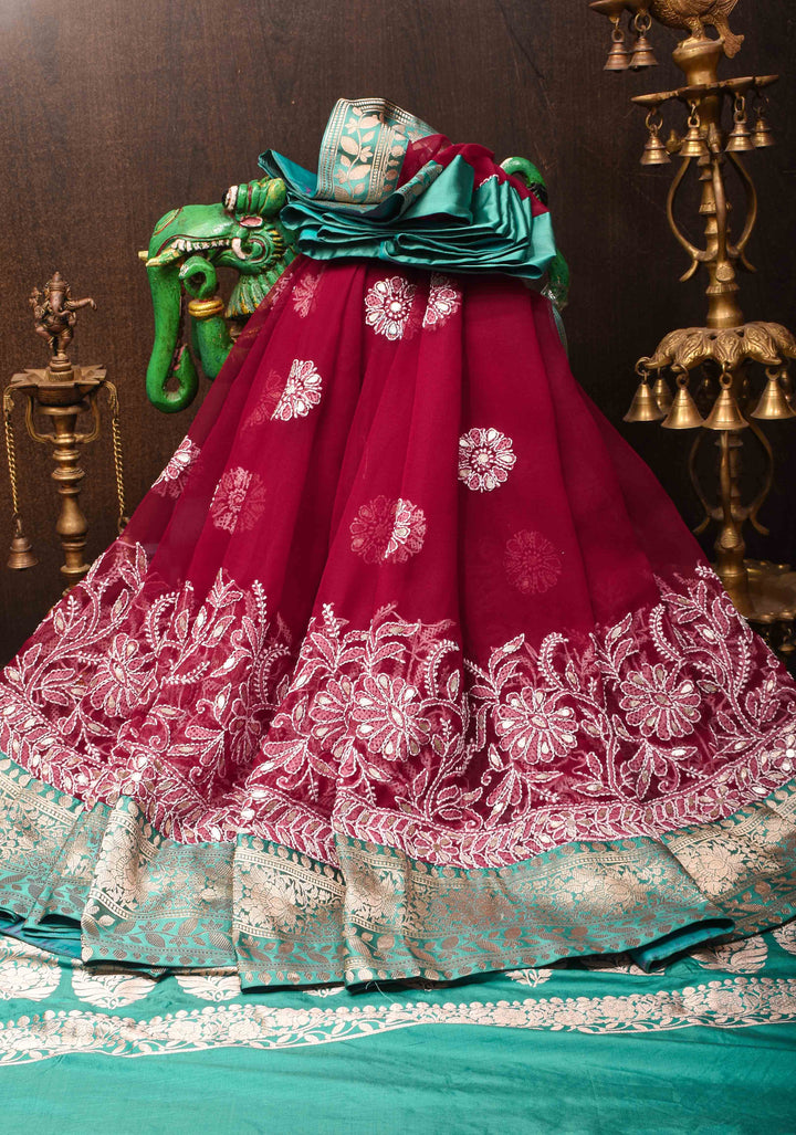 Authentic Hand Chikankari with Gotta Work on Maroon Georgette Saree and Fusion Kanjivaram Border
