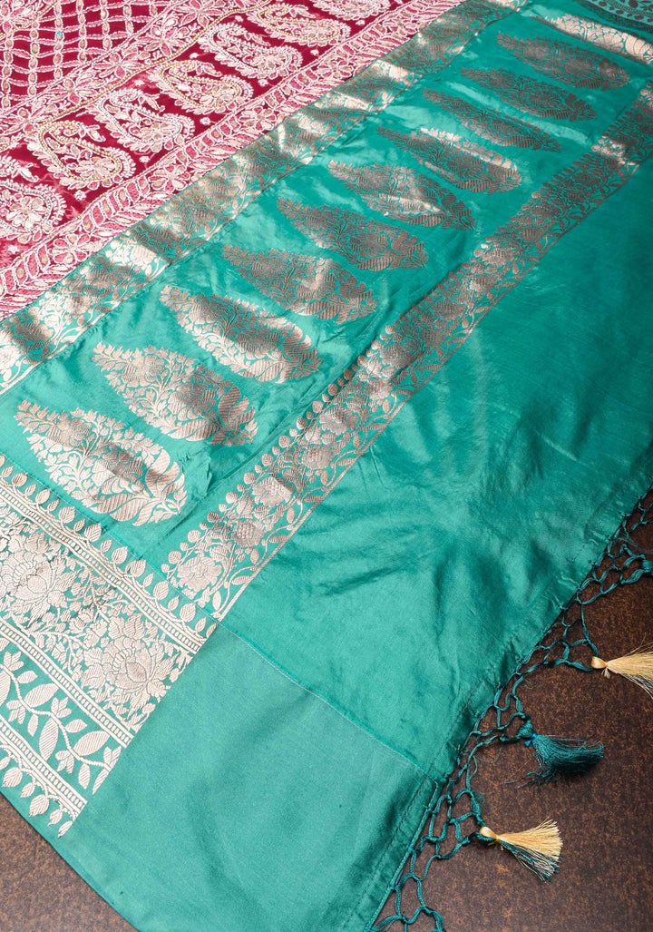 Authentic Hand Chikankari with Gotta Work on Maroon Georgette Saree and Fusion Kanjivaram Border