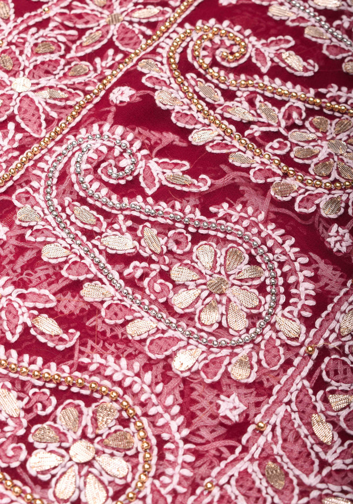 Authentic Hand Chikankari with Gotta Work on Maroon Georgette Saree and Fusion Kanjivaram Border
