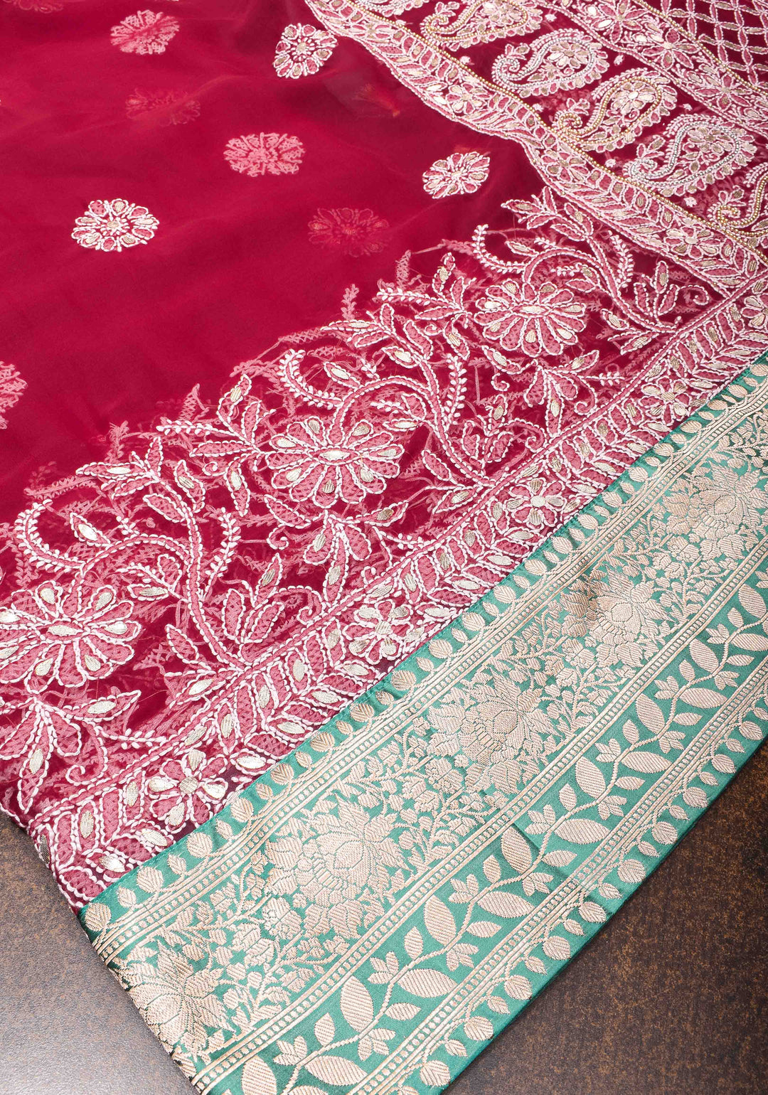 Authentic Hand Chikankari with Gotta Work on Maroon Georgette Saree and Fusion Kanjivaram Border
