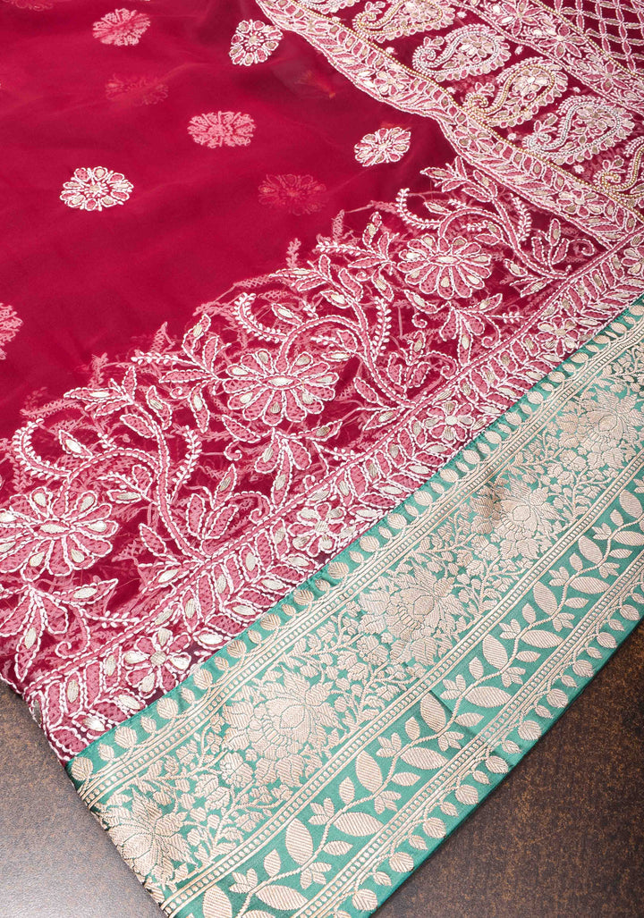 Authentic Hand Chikankari with Gotta Work on Maroon Georgette Saree and Fusion Kanjivaram Border