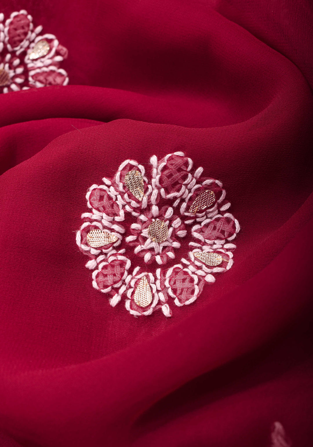 Authentic Hand Chikankari with Gotta Work on Maroon Georgette Saree and Fusion Kanjivaram Border