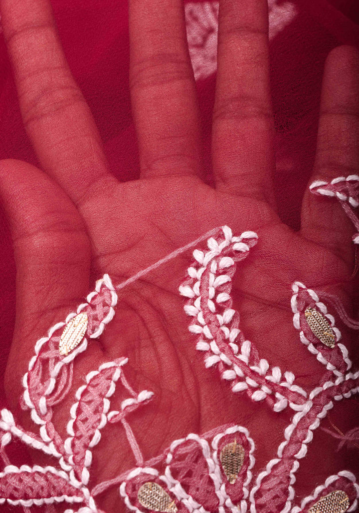 Authentic Hand Chikankari with Gotta Work on Maroon Georgette Saree and Fusion Kanjivaram Border